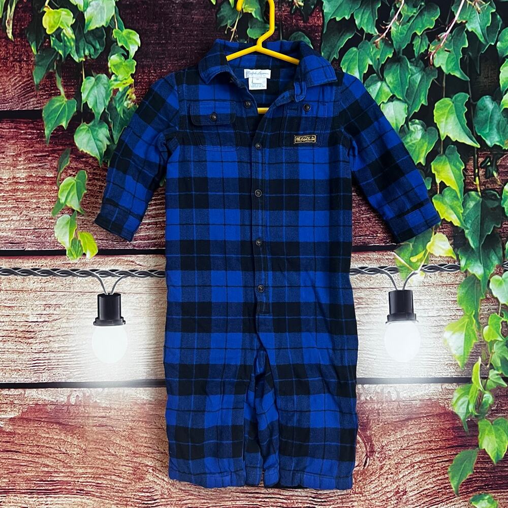 Polo Ralph Lauren Baby Boy Plaid Flannel Romper One Piece Size 9M Blue Black